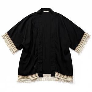Black Linen Blend Open Front Kimono Cardigan Tassel Trim Boho S/M Indie Vacation